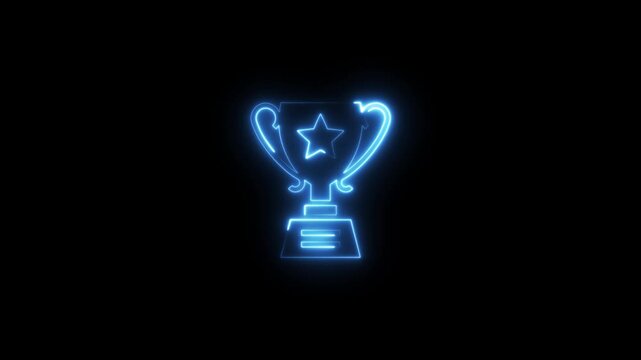  blue neon glowing trophy cup concept with star symbol on dark black background for gaming tournament championship achievement and success award icon