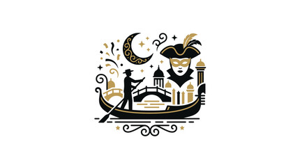 Venetian Gondola Scene with Masquerade Mask and Crescent Moon © Nak