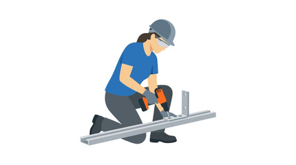 Fototapeta premium Woman construction worker using power drill on metal beam, industrial safety gear