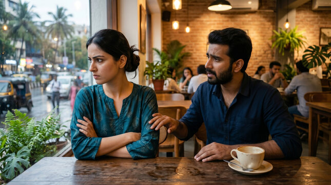 Relationship conflict: Upset young woman ignoring her partner who is trying to explain himself while sitting at a table in a busy cafe.