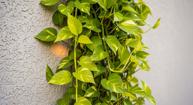 Green foliage with variegation cascades down a textured wall, symbolizing growth, nature, and freshness for environmental or decorative themes
