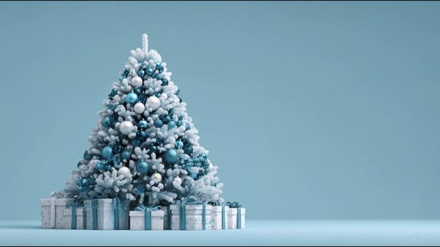 Blue and white frosted Christmas tree with matching wrapped gifts stands against calm pale background, creating winter holiday scene with wide copyspace for festive greetings and retail use today