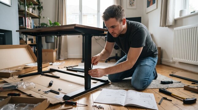 DIY Desk Assembly: A focused man kneels on the floor, assembling a modern desk surrounded by its components and instructions, demonstrating a hands-on approach to home improvement.