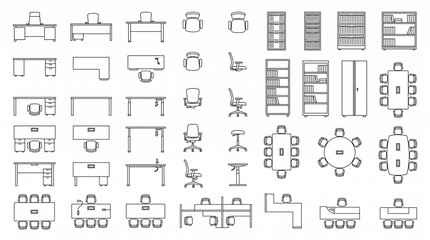 Collection of office furniture line icons and architectural floor plan symbols design element art. Professional workspace interior vector thin line office desk chair and cabinet technical icons set. © Itx Musa