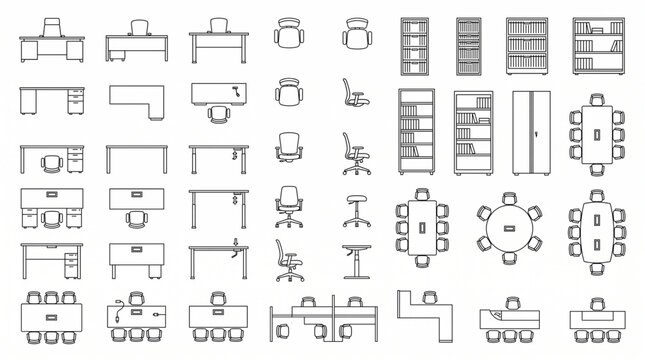 Collection of office furniture line icons and architectural floor plan symbols design element art. Professional workspace interior vector thin line office desk chair and cabinet technical icons set.