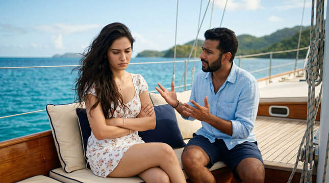 Relationship conflict concept: Upset woman ignoring her partner during an argument while sitting on a luxury yacht deck.