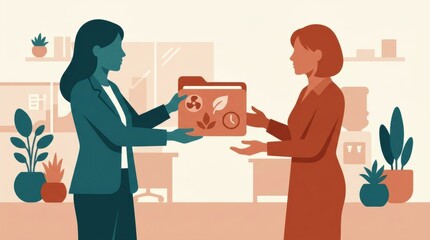 Obraz premium Two women are engaged in a discussion about menopause in an office environment, focusing on health and hormonal changes during midlife.