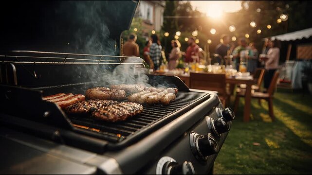 Backyard barbecue grill loaded with steaks, sausages and smoke as guests gather under warm lights at sunset, showing outdoor cooking, summer party food and casual family dining atmosphere theme