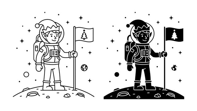 Elf Astronaut on the Moon: An adorable elf astronaut, donned in a festive Santa hat and spacesuit, plants a Christmas tree flag on the lunar surface, surrounded by stars and planets.