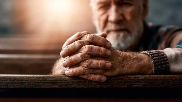Elderly hands folded in prayer on a wooden church pew