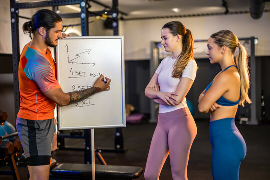 Fitness instructor writing workout routine on a whiteboard for two sportswomen during a gym consultation.