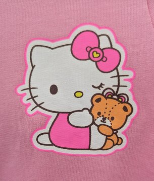 Vista de cerca del estampado de Hello Kitty gui&ntilde;ando un ojo y abrazando a un osito de peluche, en una camiseta. Madrid, Espa&ntilde;a, 12 de mayo de 2026
