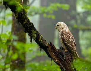 Fototapeta premium Brown Spotted Owl Perched on Mossy Branch in Misty Green Forest