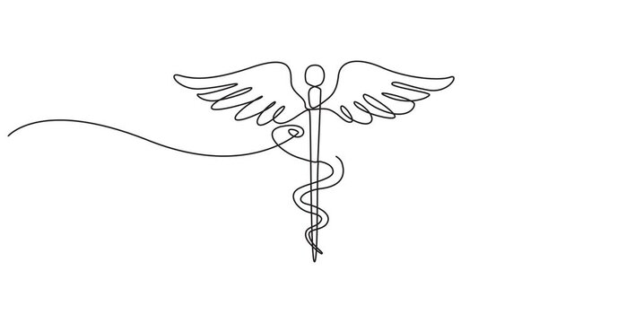 Self drawing animation of single one line draw Caduceus - medical center, pharmacy, hospital with popular symbol of medicine. Medical logo. Swirl curl style. Continuous line draw. Full length animated