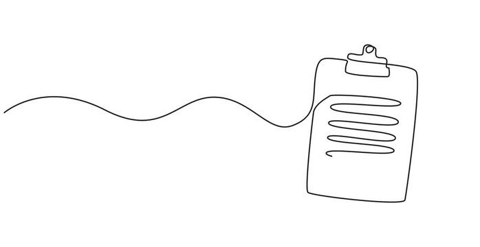 Animated self drawing of Line art one icon continuous document list illustration single check clipboard. Art one line data checklist survey test pen paper vector business report