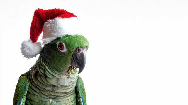 Green parrot wearing red Santa hat on white background with open copyspace, creating festive tropical bird portrait for Christmas greetings, playful holiday pet themes and seasonal cards today