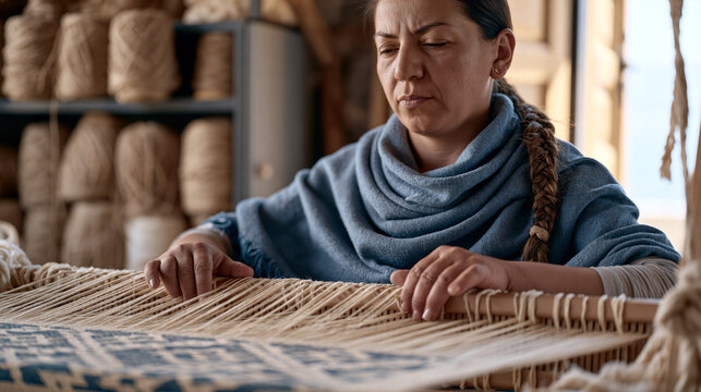 Roma textile artisan in a community workshop hand-weaves a geometric pattern on a rigid heddle loom, fingers guiding weft threads between alternating warp strands, spools of