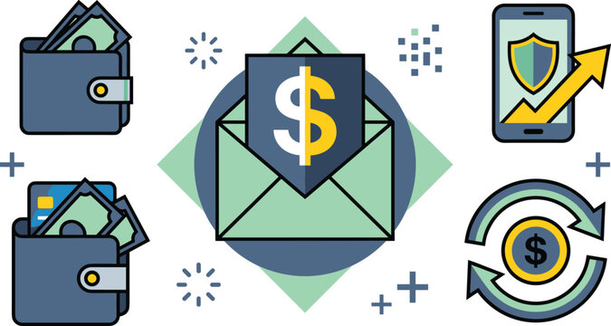 Financial Business Finance Security Icon Set with Wallet Dollar Cash Money Shield Envelope Credit Card Mobile Phone and Circulation Flow Symbols