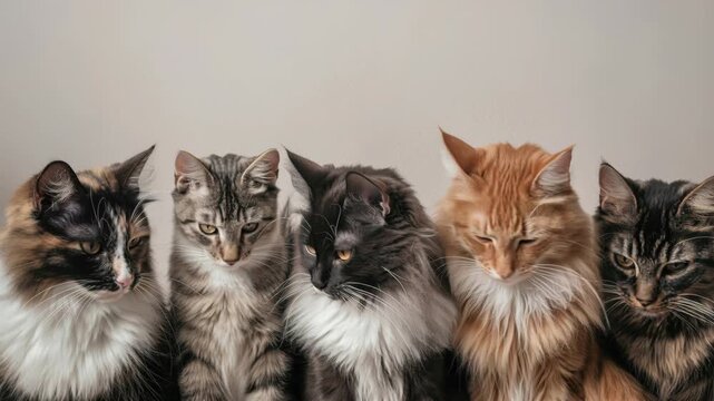 Five domestic cats sit in a neat row against neutral background with varied coats, whiskers and attentive faces, creating calm feline portrait for pet care, adoption and animal lover themes today