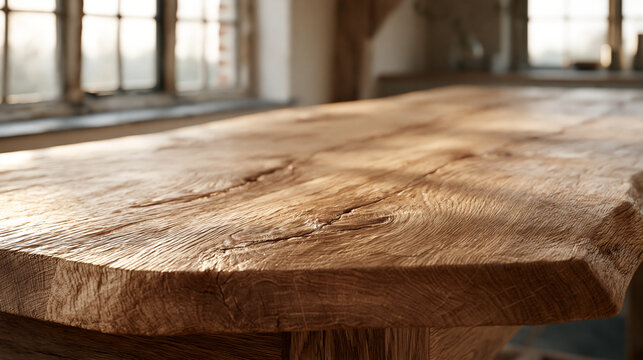 Wide-grain oak board surface with natural knot lines and smooth finish under warm afternoon sun streaming through rustic barn window, backdrop for artisan woodworking studio,