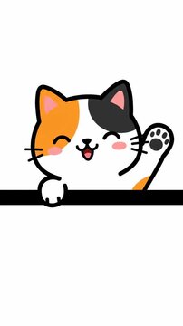 Cute Peeking Calico Cat Illustration over Black Edge on White Background for Vertical Social Media Vertical. Video. Portrait Orientation.