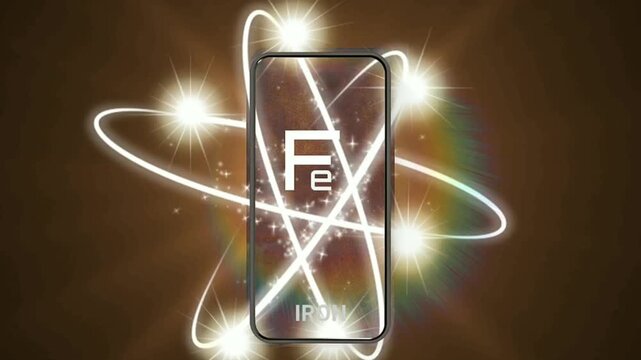 Iron Element Chemical Symbol Representation with Glowing Atomic Orbits