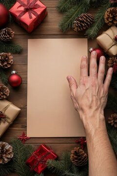 Overhead Christmas flat lay with blank kraft paper, pinecones, fir branches, red ornaments, gifts and hand on wood table, offering festive copyspace for holiday greeting card notes and messages