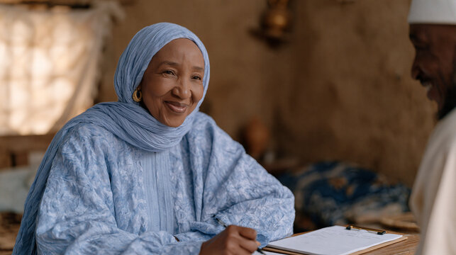 Nigerian cooperative loan officer conducting a home visit for a community development lending assessment, clipboard notes, modest living room, trust-based microfinance process