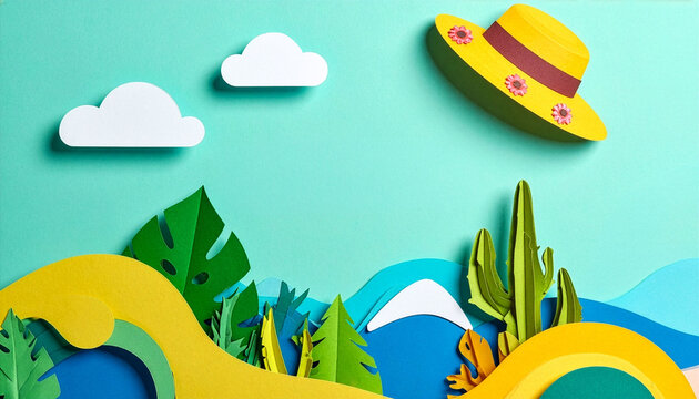 Paper cut summer background with straw hat and cactus