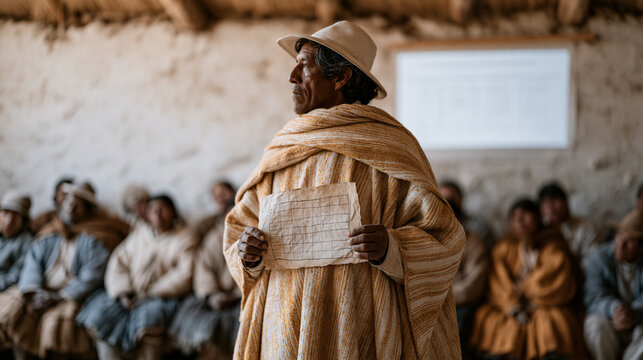 Peruvian rural clinic administrator projecting healthcare cost reform figures onto a whitewashed wall for a community health meeting, handmade charts, seated villagers, efficiency