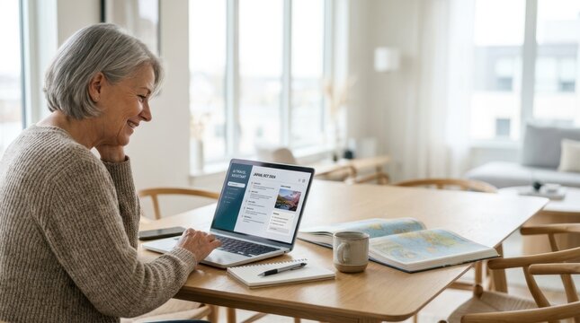 Senior person sitting at a desk using a laptop with an AI travel planning app on the screen to design a vacation itinerary in a bright living room.
