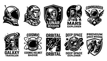 Astronaut Badges Featuring Space Exploration Themes and Titles Featuring Badge, Lunar, Mission with Mars and Commander Elements © MstMomotaz