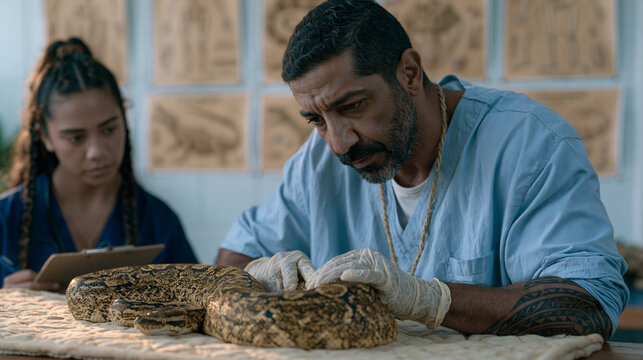 Lebanese exotic animal specialist in examination gloves carefully inspects the scales and eyes of a ball python coiled on a padded exam mat, a Maori veterinary student observes