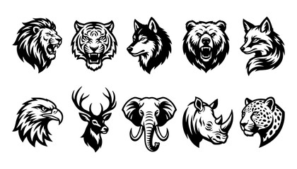 Wolf and Other Predator Animal Head Icons Set in Black and White Vector Style for Badges and Branding © MstMomotaz