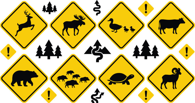 Wildlife Crossing Traffic Warning Sign Icon Set with Deer Moose Duck Cow Bear Wild Boar Turtle and Ram Caution Symbols