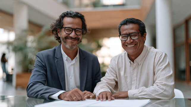 Brazilian tech firm HR director signing a skilled worker relocation agreement with a Bolivian engineer in a modern campus atrium, brain gain recruitment documentation on a glass