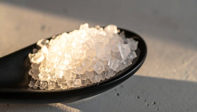 Fine white granules on dark spoon closeup high resolution picture