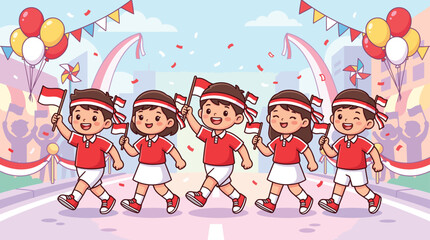 Fototapeta premium Group of Happy Indonesian Children Marching with National Flags to Celebrate Independence Day in a Festive Street Parade