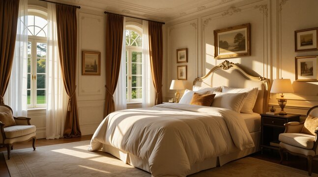 Elegant bedroom with plush bedding, ornate furniture. Large windows let in natural light, illuminating serene space with warm sunlight. Classic interior design creates calm, inviting atmosphere for
