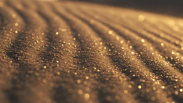 Golden sand dunes ripple under warm sunlight, creating a mesmerizing desert landscape at sunset