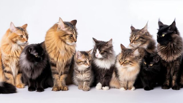 Group of eight domestic cats sits in a neat row on clean white background with varied coats and attentive faces, creating pet care, adoption, grooming and feline lover theme use for animal portraits