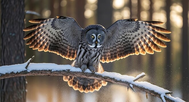 Great Gray Owl Spreading Wings on Snowy Branch in Winter Forest
