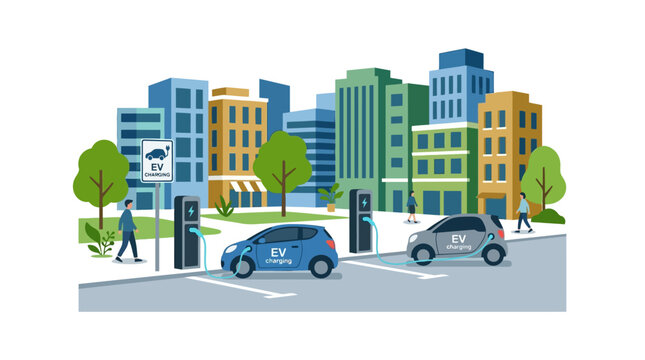 Electric cars charging in urban city street with modern buildings and trees