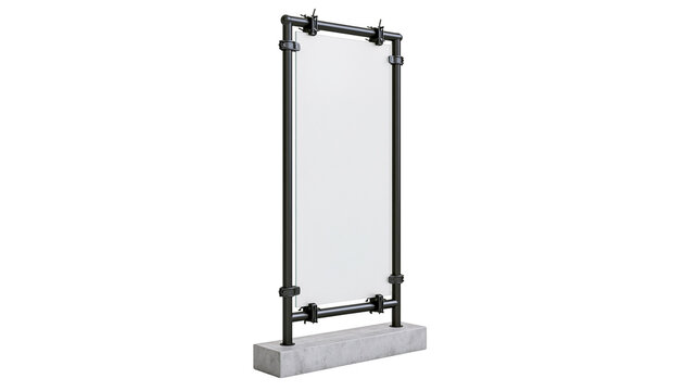 Industrial pipe frame with clear panel on concrete base