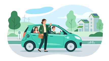 Obraz premium Woman charges electric car with family inside, green city environment