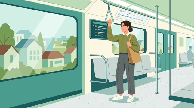 Woman on modern subway train near window, urban commute, city view