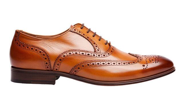 Brown leather wingtip oxford shoes with brogue detailing