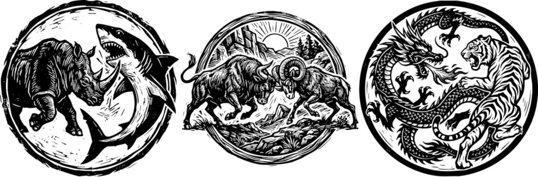 Vintage animal battle emblems set in linocut style