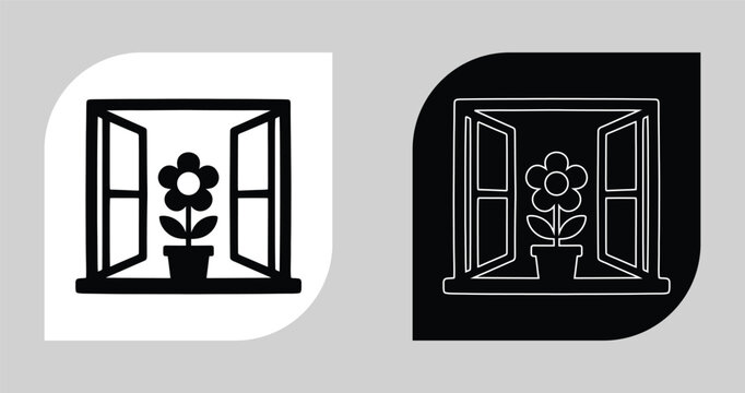 Open window with potted houseplant minimalist line art vector icon set houseplant interior minimalist illustration lifestyle decoration casement