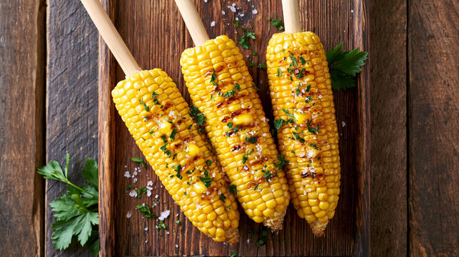 Grilled corn on the cob garnished with herbs and sea salt served on a wooden cutting board, showcasing vibrant yellow kernels and natural textures